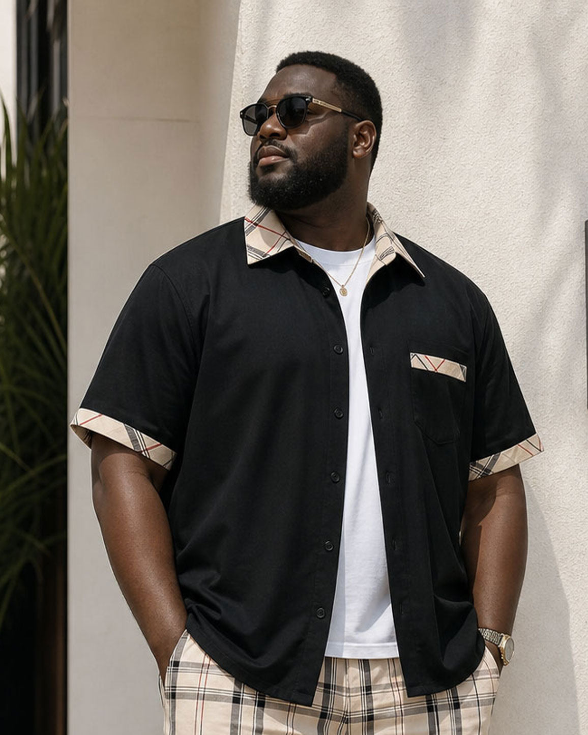 Big & Tall Men's Khaki & Black Contrast Plaid Design Short Sleeve Button Test Shorts Set