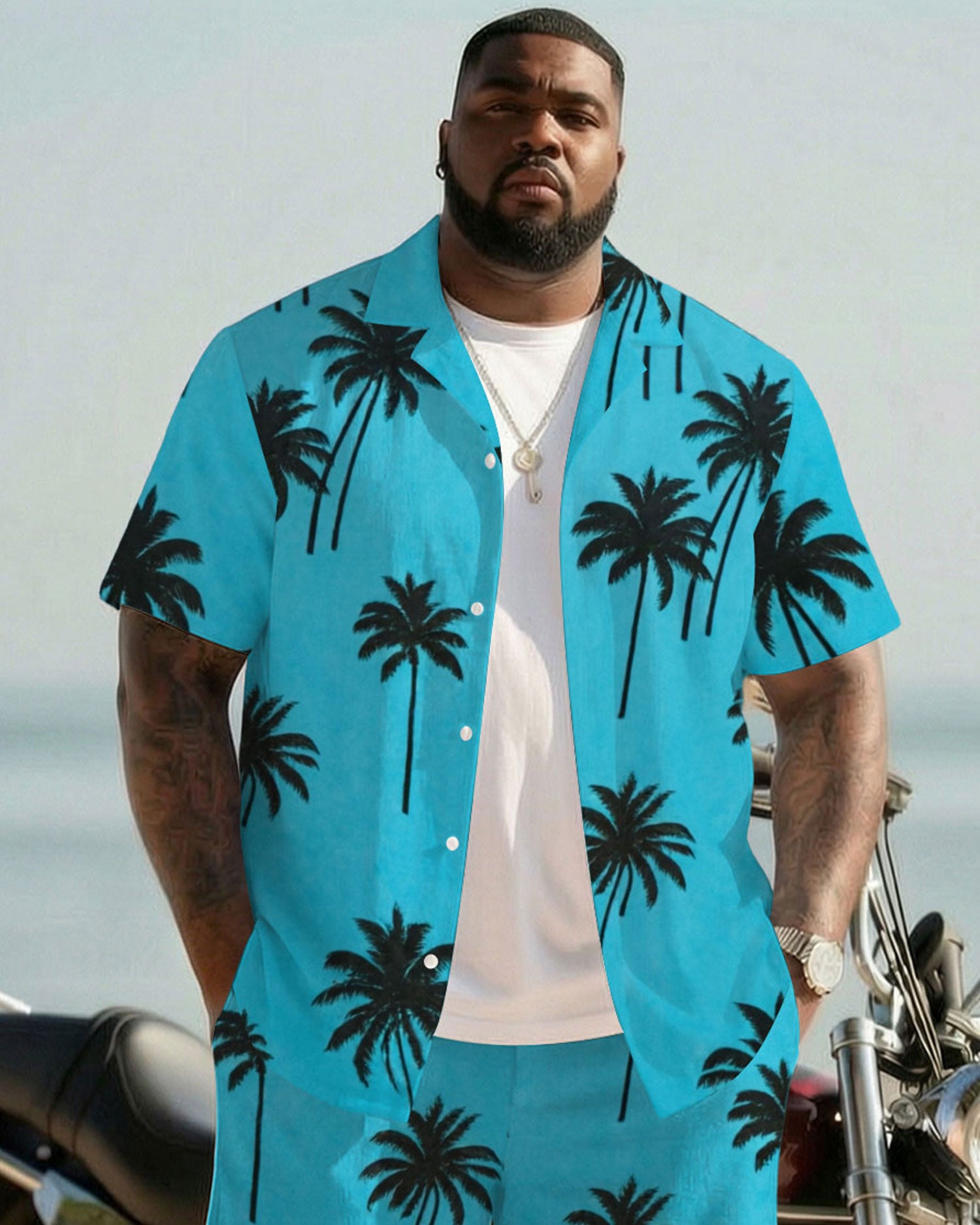 Big & Tall Men's Hawaiian Holiday Coconut Tree Silhouette Full Print Cardigan Short Sleeve Shirt Shorts Set