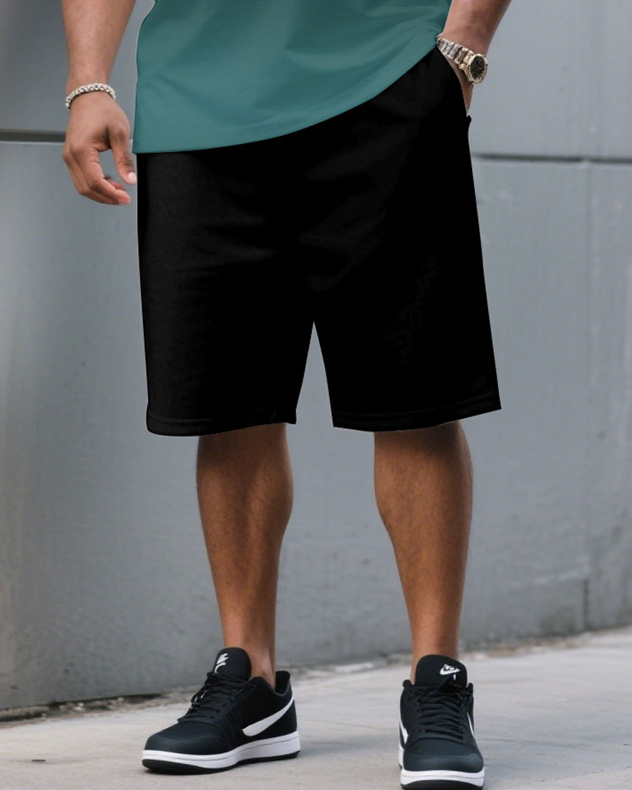 Men's Plus Size Casual Black & Red Chest Gradient Fashion Round Neck Short Sleeve T-Shirt and Shorts Suit