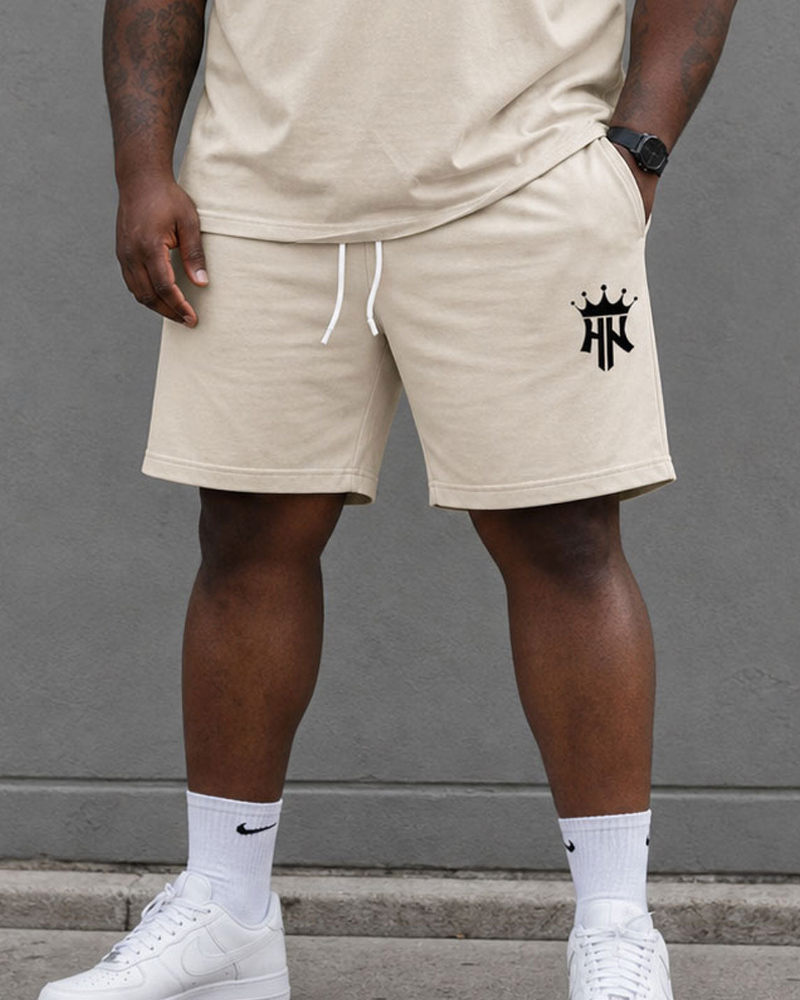 Big & Tall Men's Apricot Simple Casual Daily Travel Home Chest Letter Printed Short Sleeve T-shirt Shorts Set