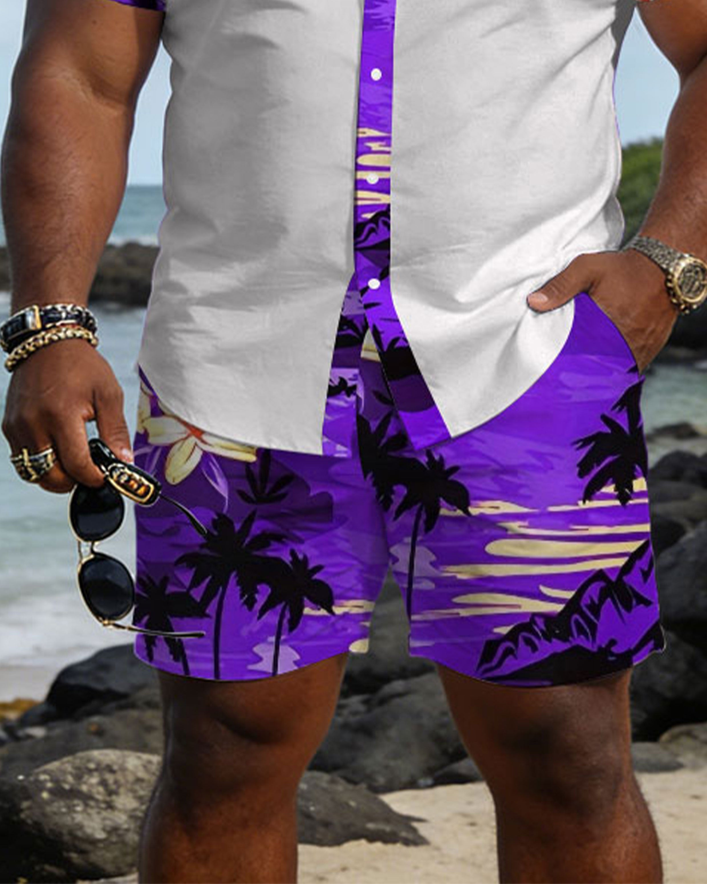 Big & Tall Men's Hawaiian Vacation Patchwork Features Printed Short Sleeve Shirt And Shorts Set