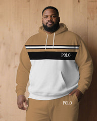 Large Size Men's Autumn And Winter Warm Cold-proof Khaki & White & Black Color Sleeves Chest Small Label Printed Hoodie Sweatpants Set