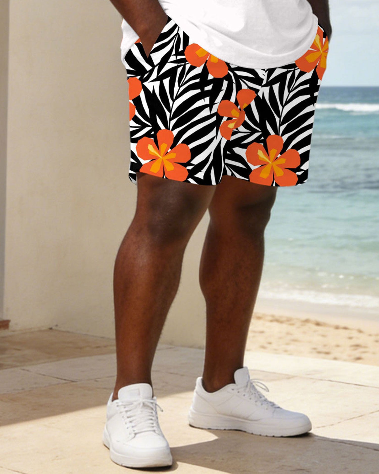 Large Size Men's Leaf Flower Plant Print Short Sleeve T-shirt Shorts Set