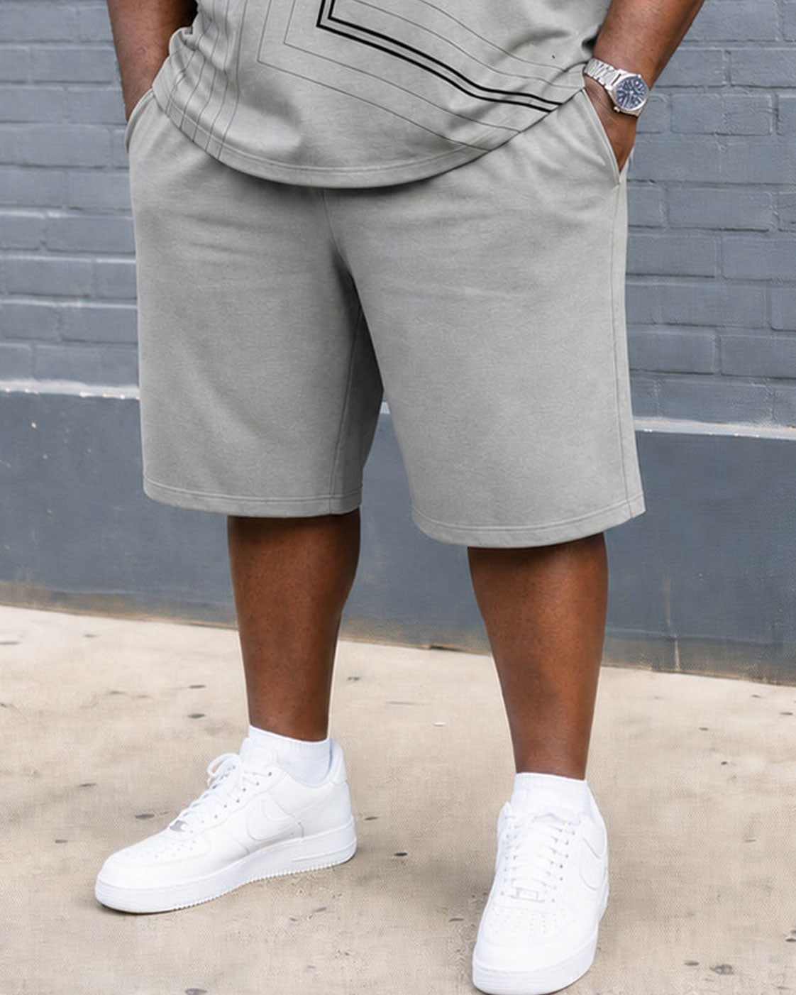 Big & Tall Men's Gray Line Geometric Button Polo Shirt Short Sleeve Shorts Set