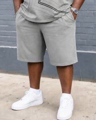 Big & Tall Men's Gray Line Geometric Button Polo Shirt Short Sleeve Shorts Set