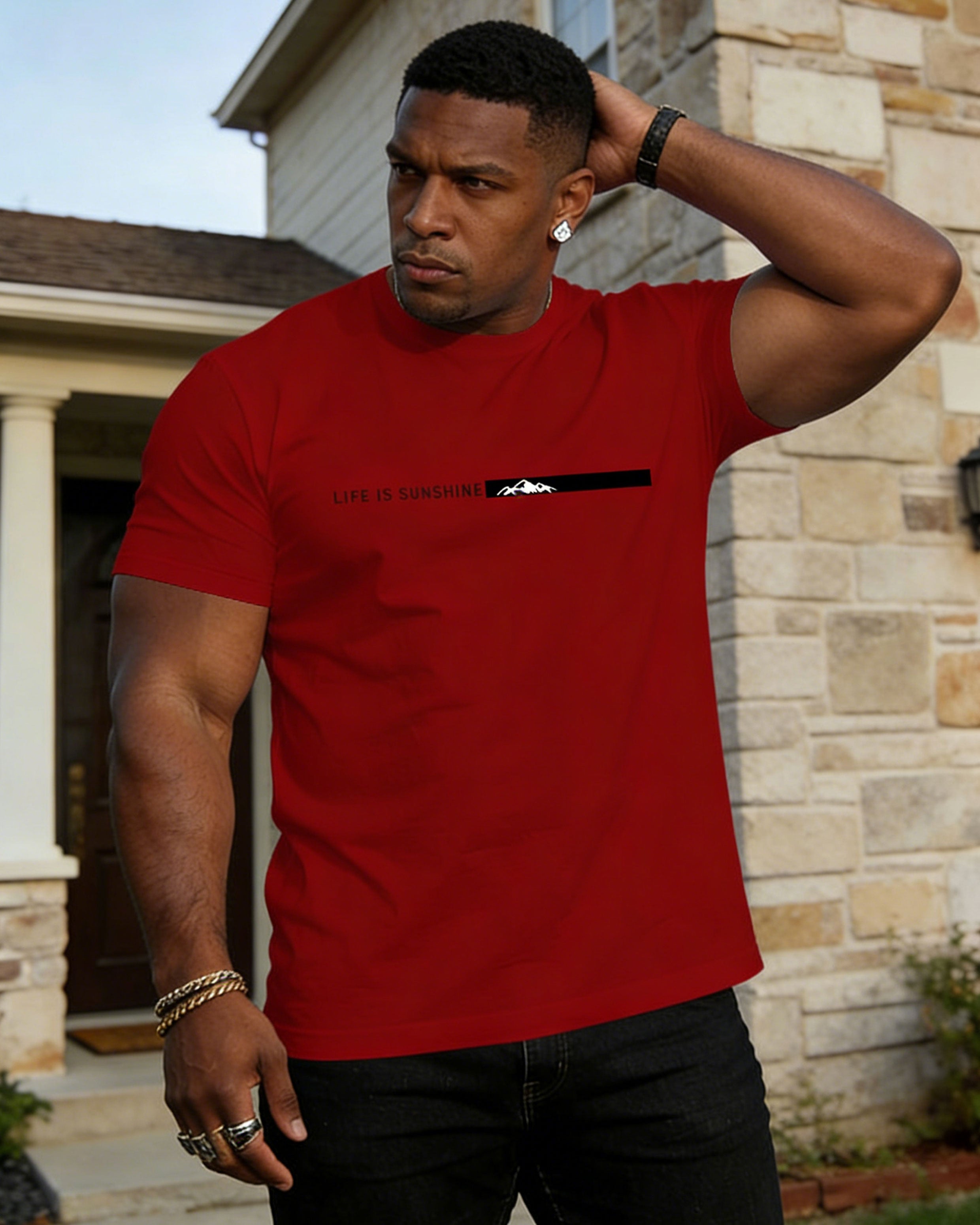 Men's Large Size Spring And Summer Casual Loose Comfortable Soft Cotton Blended Wine Red Simple Chest Printed Short Sleeve T-Shirt