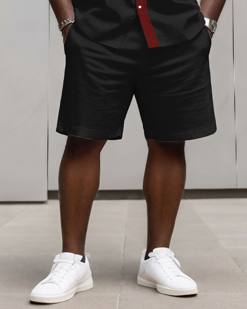 Big & Tall Men's Business Simple Black & Red Geometric Texture Contrast Long Sleeve Shirt Shorts Set