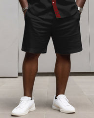 Big & Tall Men's Business Simple Black & Red Geometric Texture Contrast Long Sleeve Shirt Shorts Set
