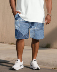 Big & Tall Men' Imitation Denim Cut Letter Print Short Sleeve T-shirt Shorts Set