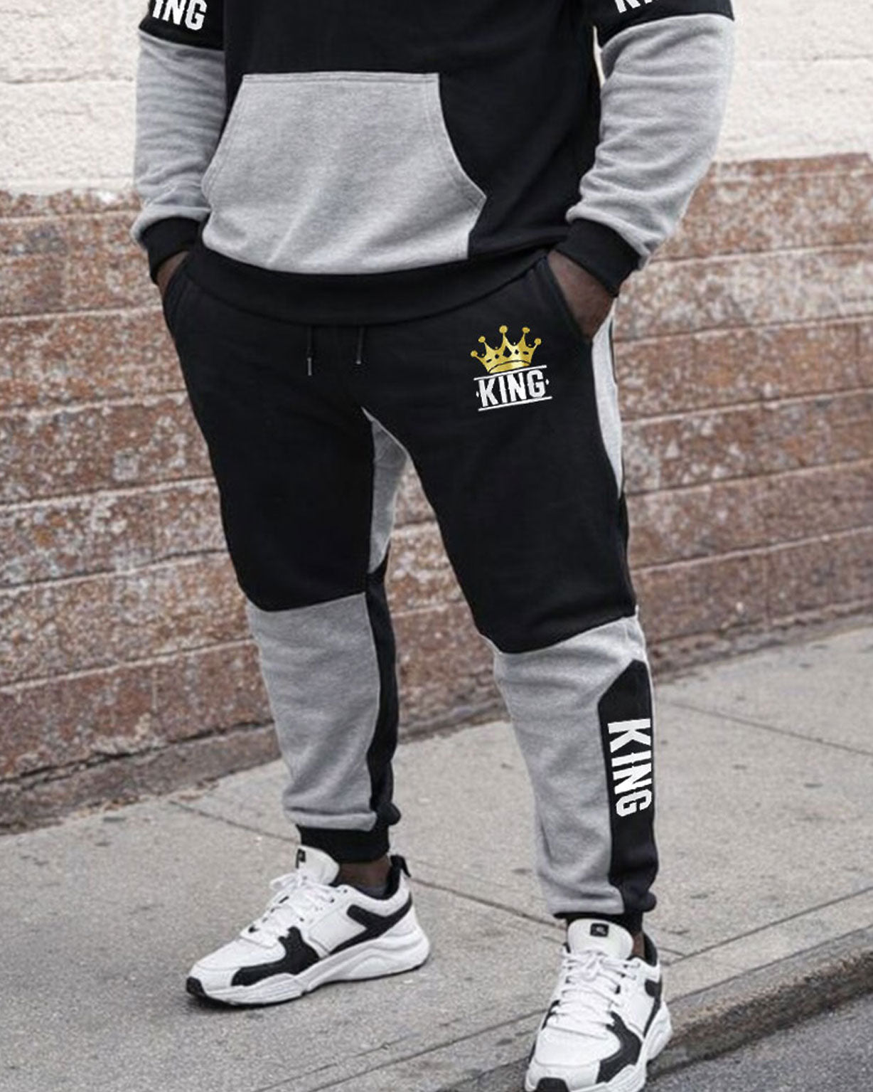 Large Size Men's Autumn And Winter Warm Cold-proof Gentleman Black & Grey King Crown Logo Printed Hoodie Sweatpants Set