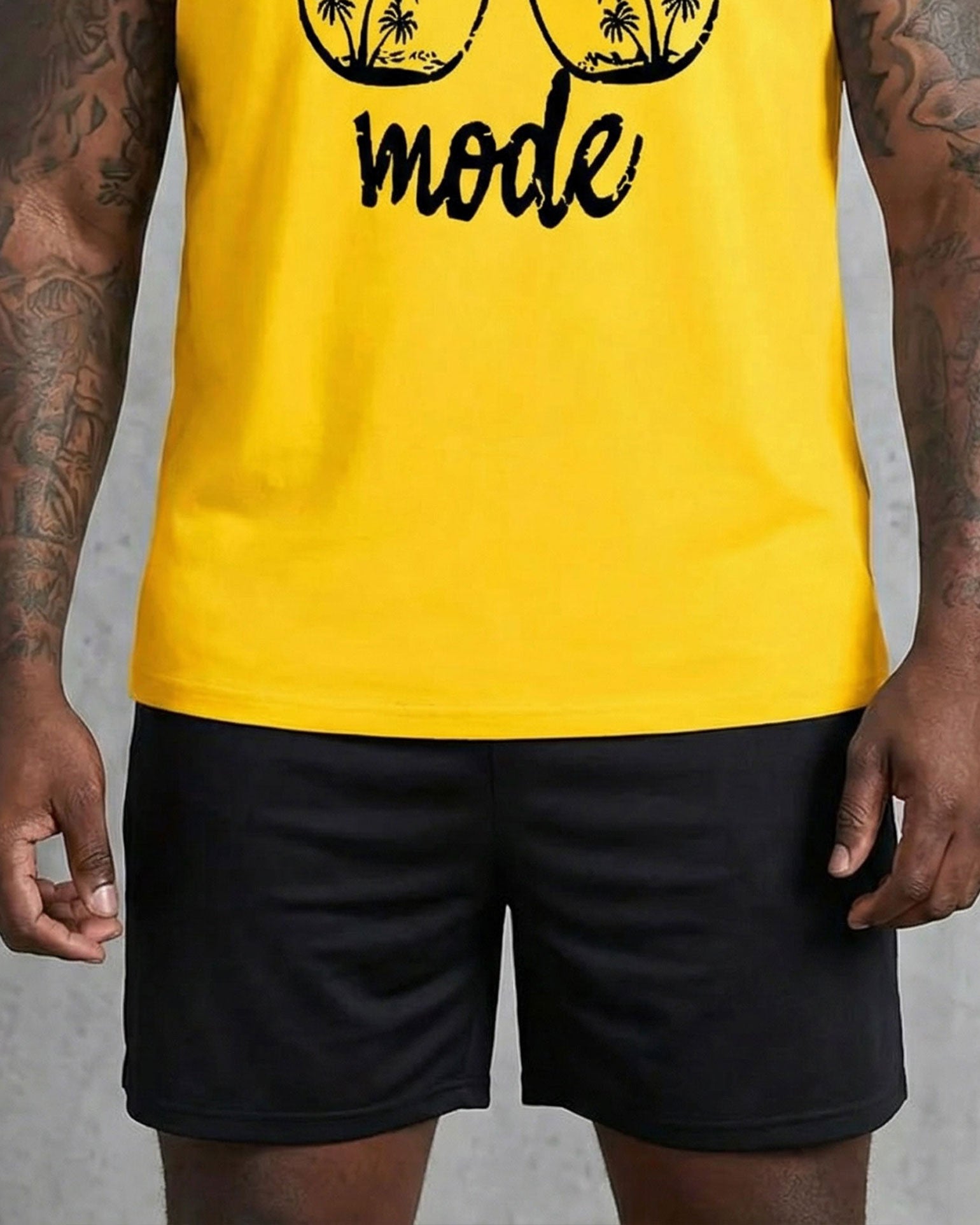 Hawaii Holiday Casual Yellow & Black Simple Printed Vest Shorts Set Large Size Men