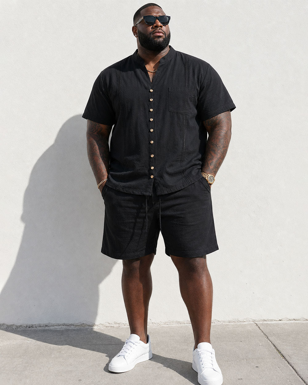 Men's Linen Solid Color Breathable Eco-Friendly Comfortable Retro Casual Button V-Neck Cardigan Short Sleeve Shirt Shorts Set