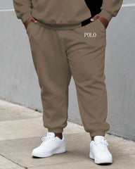 Large Size Men's Autumn And Winter Warm Cold-proof Grey Curry & Black Contrast Small Label Printed Hoodie Sweatpants Set