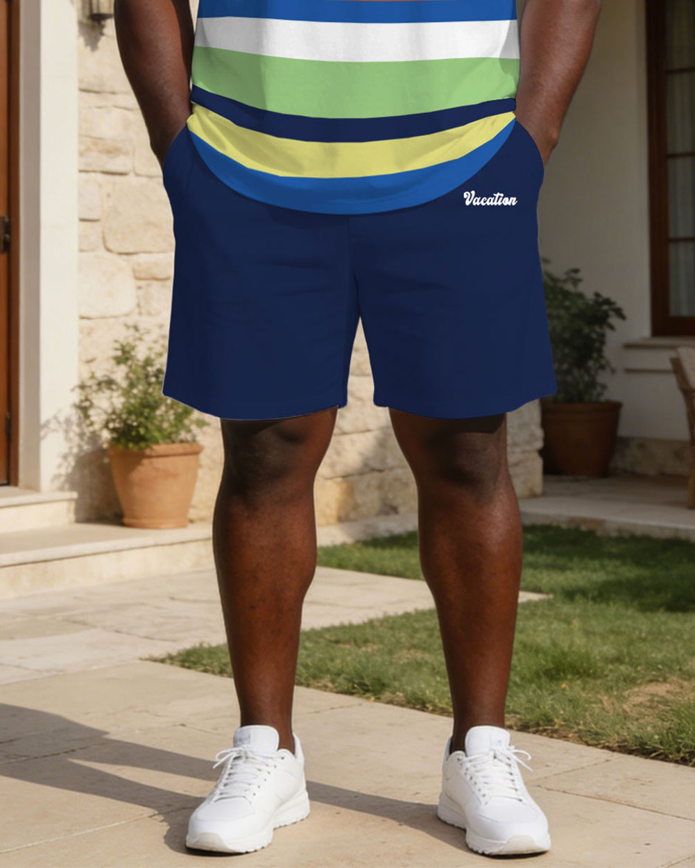 Business Casual Contrast Striped Polo Shirt Set Large Size Men