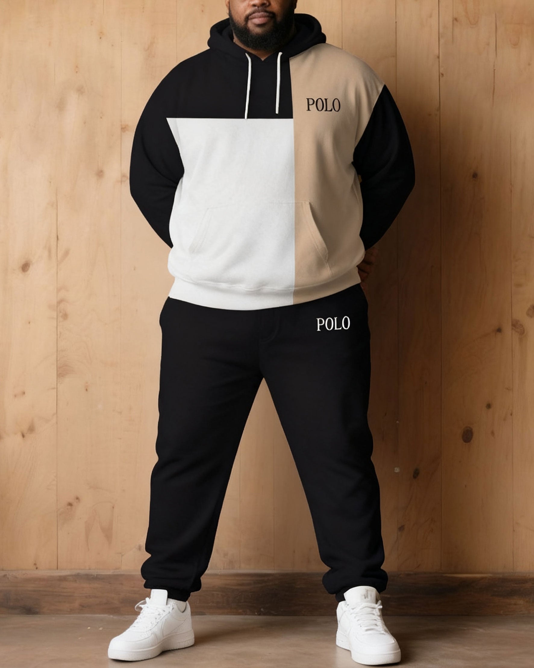 Large Size Men's Autumn And Winter Warm Cold-proof Contrast Color Stitching Chest Slogan Printed Hoodie Sweatpants Set