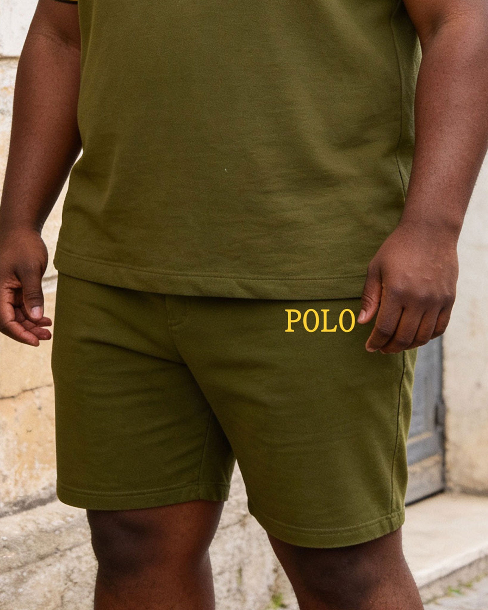 Big & Tall Men's Army Green Simple Chest Small Label Printed POLO Shirt Short Sleeve Shorts Set