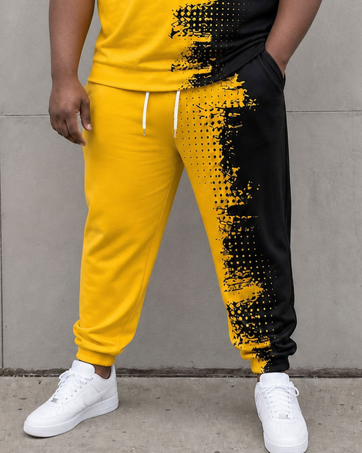 Big & Tall Men's Yellow & Black Splash Ink Design Irregular Pattern KING Chest Large Printed Short Sleeve T-Shirt Sports Pants Set