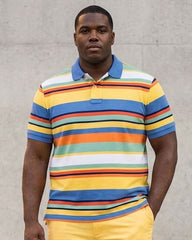 Big & Tall Men's Yellow Colorful Striped Business Polo Shirt Short Sleeve Shorts Set