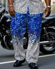 Big & Tall Men's Blue Cotton-Blend Sequins Christmas Short Sleeve Shirt Pants Set
