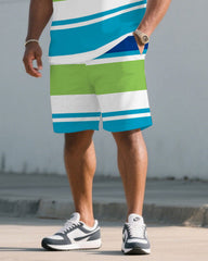 Big & Tall Men's Blue And Blue Colorful Striped Chest Pony Print T-Shirt Shorts Set