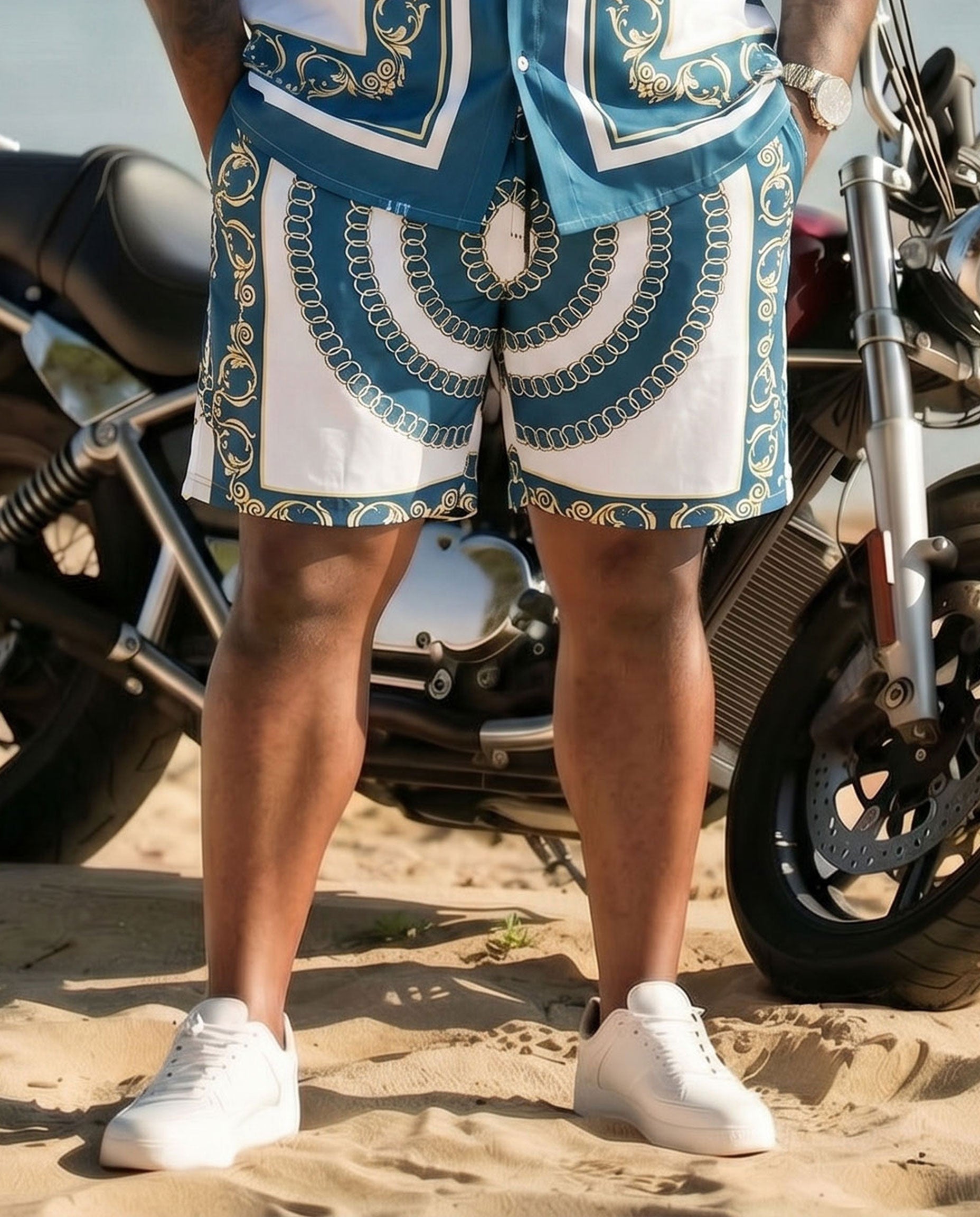 Big & Tall Men's Hawaiian Holiday Light Luxury Baroque Blue & White Short Sleeve Cardigan Shirt Shorts Set