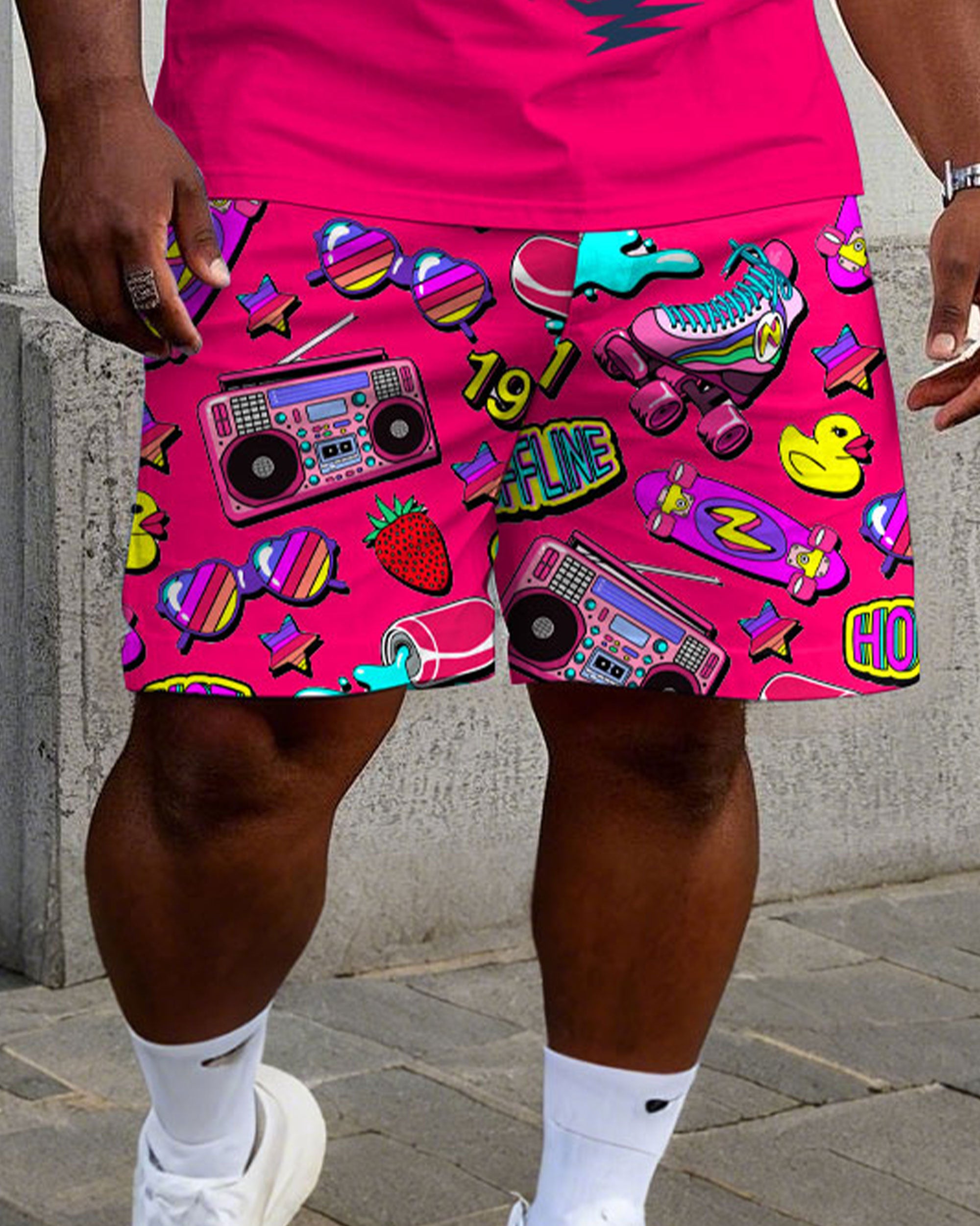 Big & Tall Men's Rose Red Music Carnival Printing Crewneck Short Sleeve T-Shirt Shorts Set