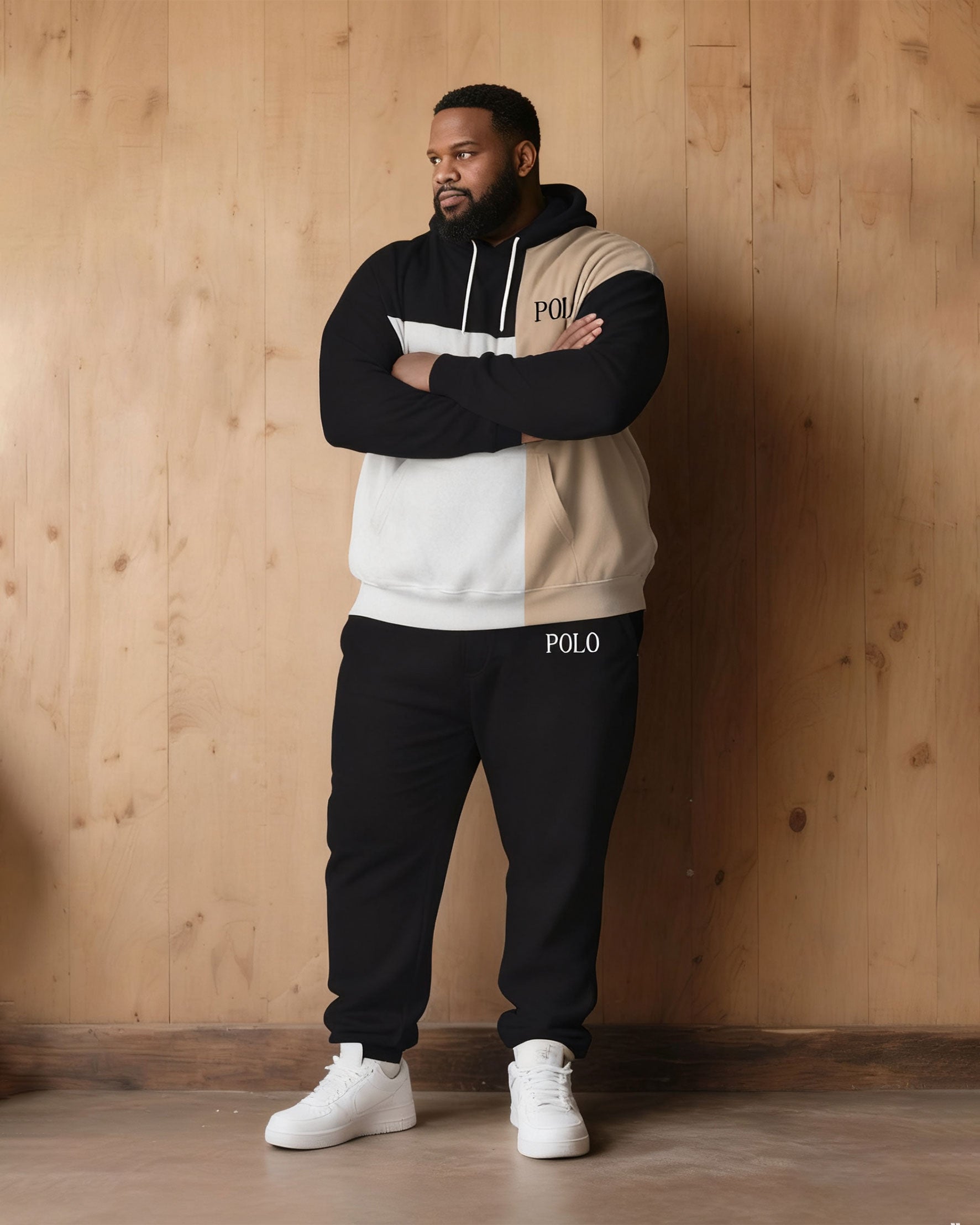 Large Size Men's Autumn And Winter Warm Cold-proof Contrast Color Stitching Chest Slogan Printed Hoodie Sweatpants Set