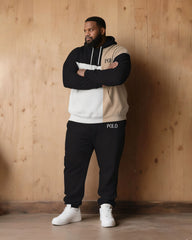 Large Size Men's Autumn And Winter Warm Cold-proof Contrast Color Stitching Chest Slogan Printed Hoodie Sweatpants Set