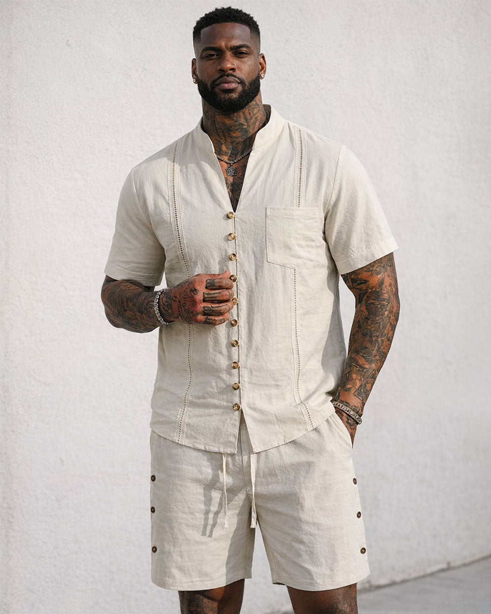 Men's Linen Solid Color Breathable Eco-Friendly Comfortable Retro Casual Button V-Neck Cardigan Short Sleeve Shirt Shorts Set