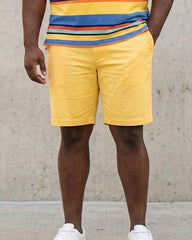 Big & Tall Men's Yellow Colorful Striped Business Polo Shirt Short Sleeve Shorts Set