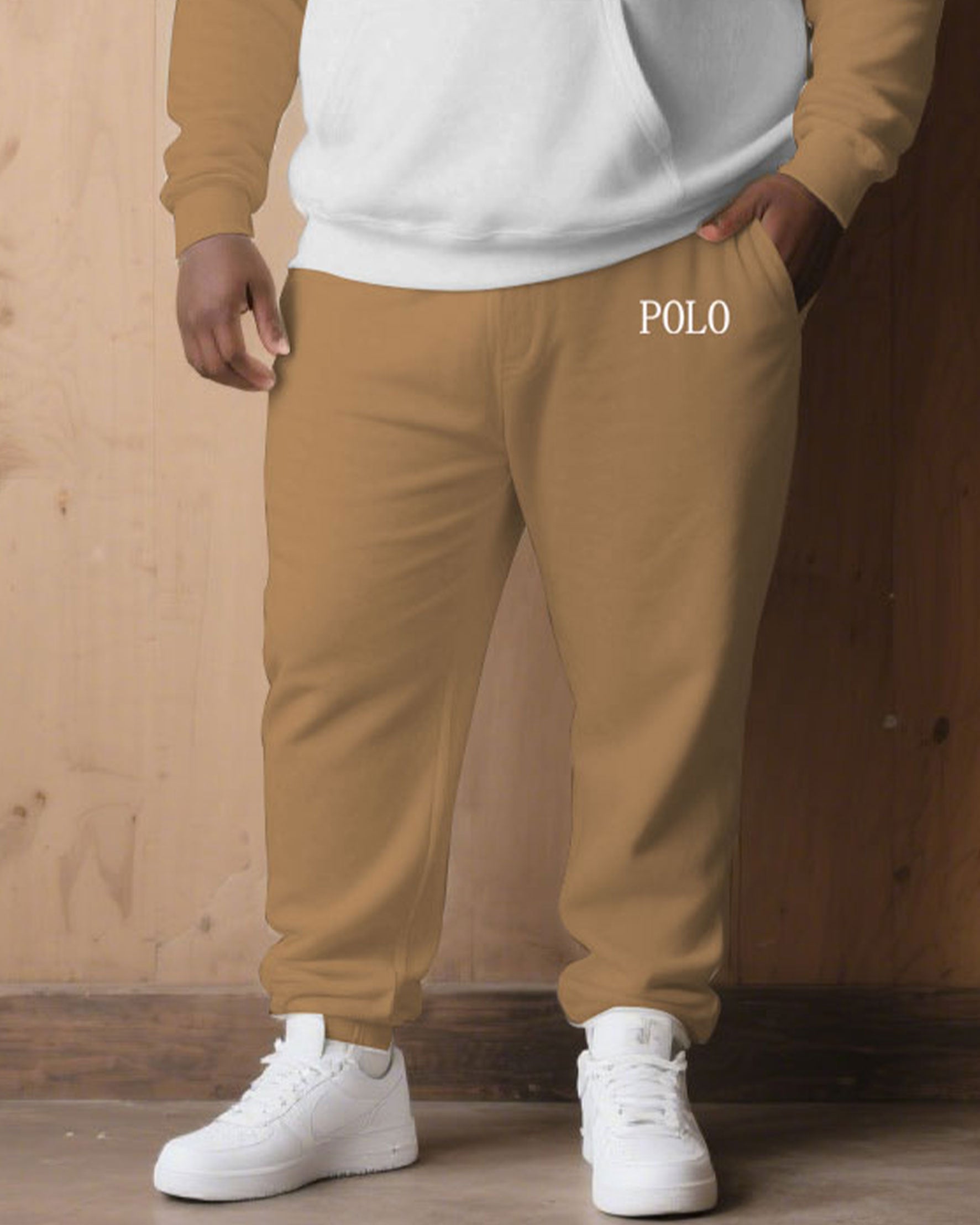 Large Size Men's Autumn And Winter Warm Cold-proof Khaki & White & Black Color Sleeves Chest Small Label Printed Hoodie Sweatpants Set