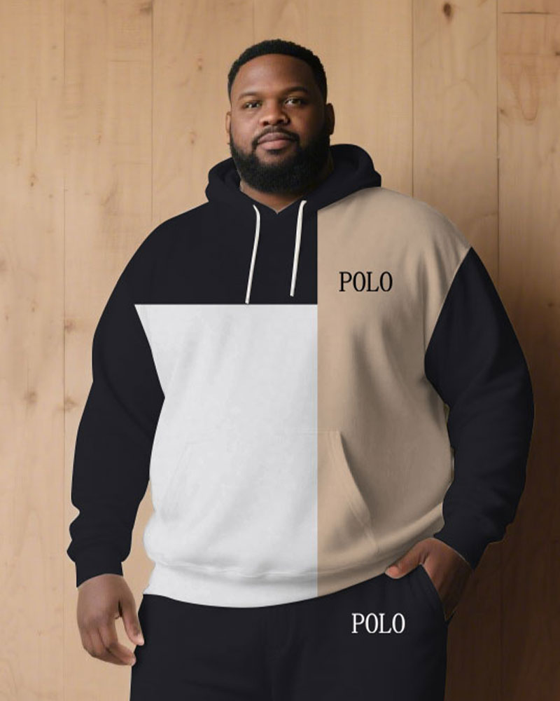 Large Size Men's Autumn And Winter Warm Cold-proof Contrast Color Stitching Chest Slogan Printed Hoodie Sweatpants Set