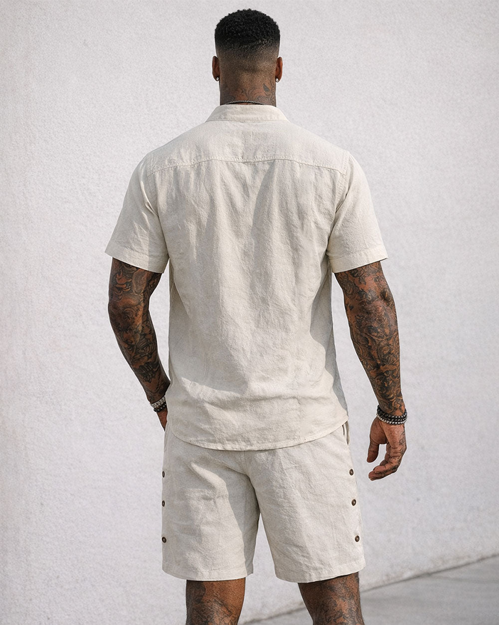 Men's Linen Solid Color Breathable Eco-Friendly Comfortable Retro Casual Button V-Neck Cardigan Short Sleeve Shirt Shorts Set