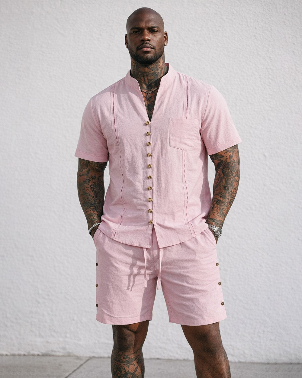 Men's Linen Solid Color Breathable Eco-Friendly Comfortable Retro Casual Button V-Neck Cardigan Short Sleeve Shirt Shorts Set