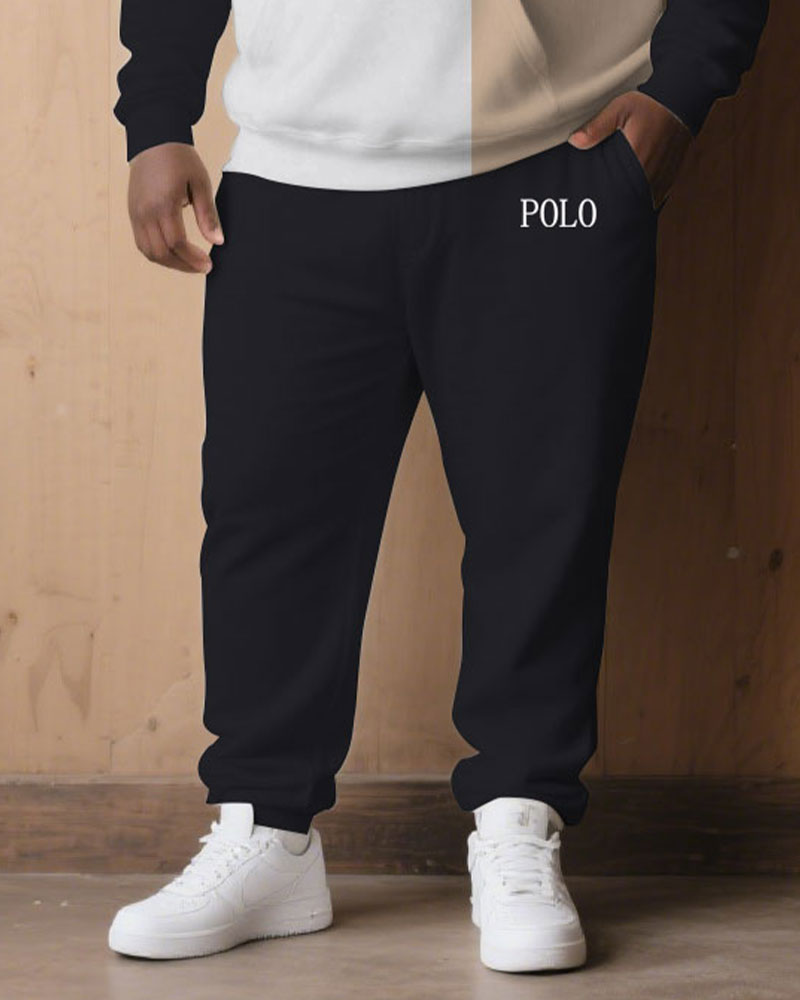 Large Size Men's Autumn And Winter Warm Cold-proof Contrast Color Stitching Chest Slogan Printed Hoodie Sweatpants Set