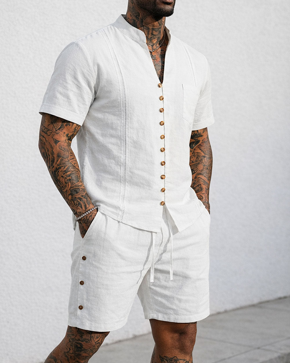 Men's Linen Solid Color Breathable Eco-Friendly Comfortable Retro Casual Button V-Neck Cardigan Short Sleeve Shirt Shorts Set