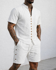 Men's Linen Solid Color Breathable Eco-Friendly Comfortable Retro Casual Button V-Neck Cardigan Short Sleeve Shirt Shorts Set
