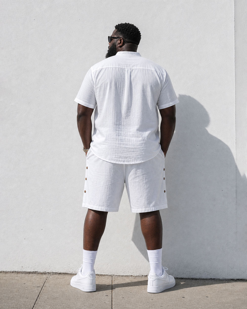 Men's Linen Solid Color Breathable Eco-Friendly Comfortable Retro Casual Button V-Neck Cardigan Short Sleeve Shirt Shorts Set