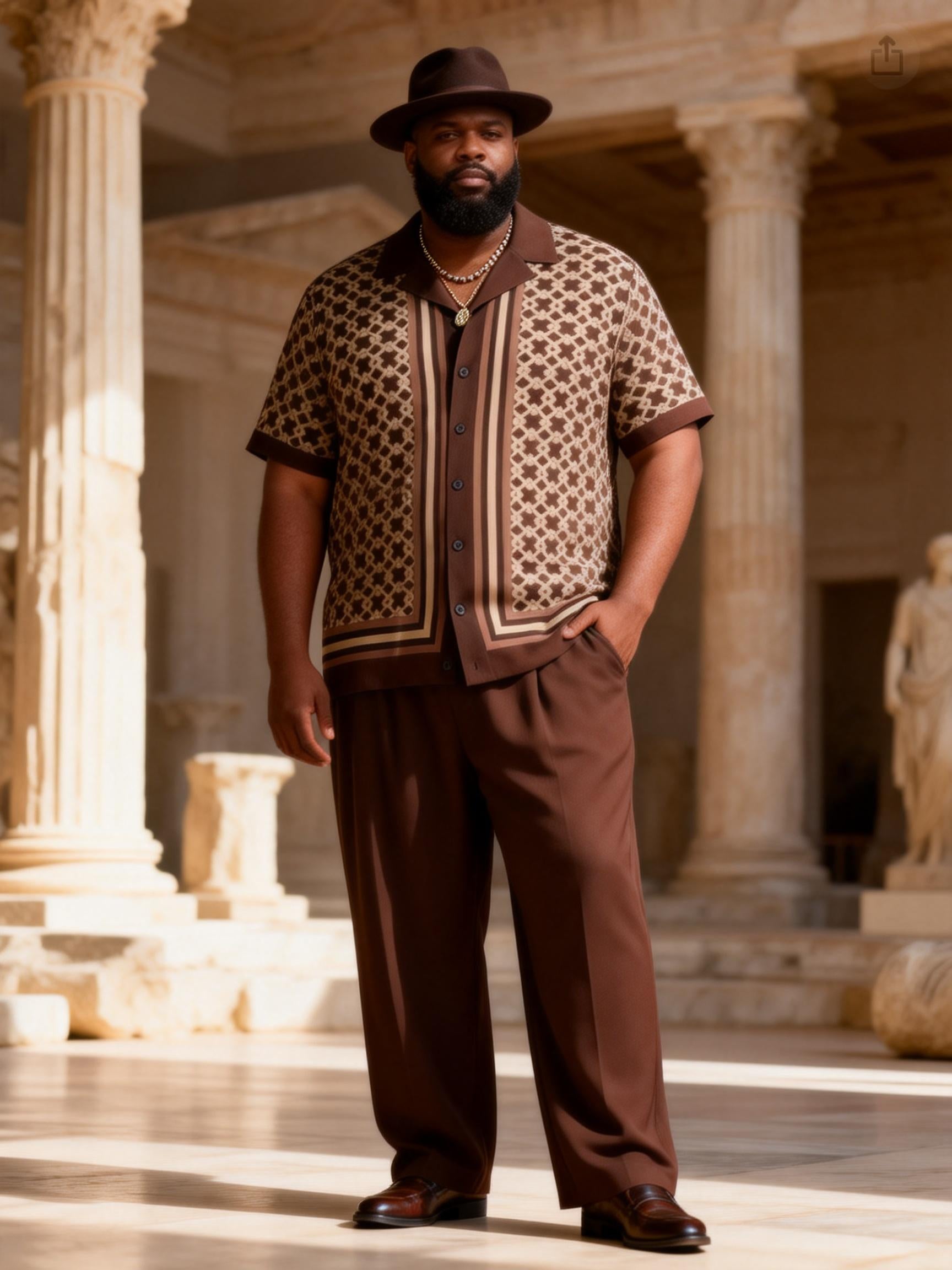 Big & Tall Men's Dark Brown Geometric Jacquard Print Short Sleeve Shirt Pants Set