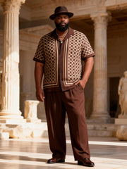 Big & Tall Men's Dark Brown Geometric Jacquard Print Short Sleeve Shirt Pants Set