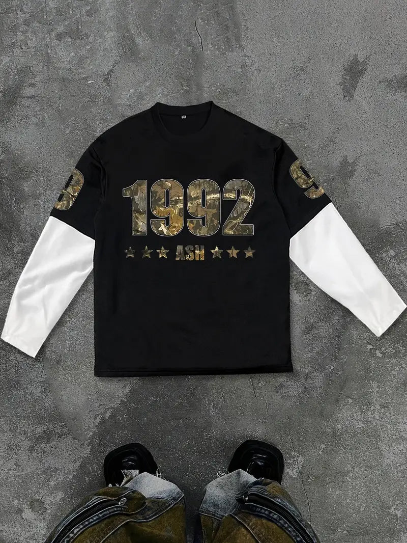 Big & Tall Men's Camouflage 1992 Printed Fake Two-piece Long-sleeved T-shirt