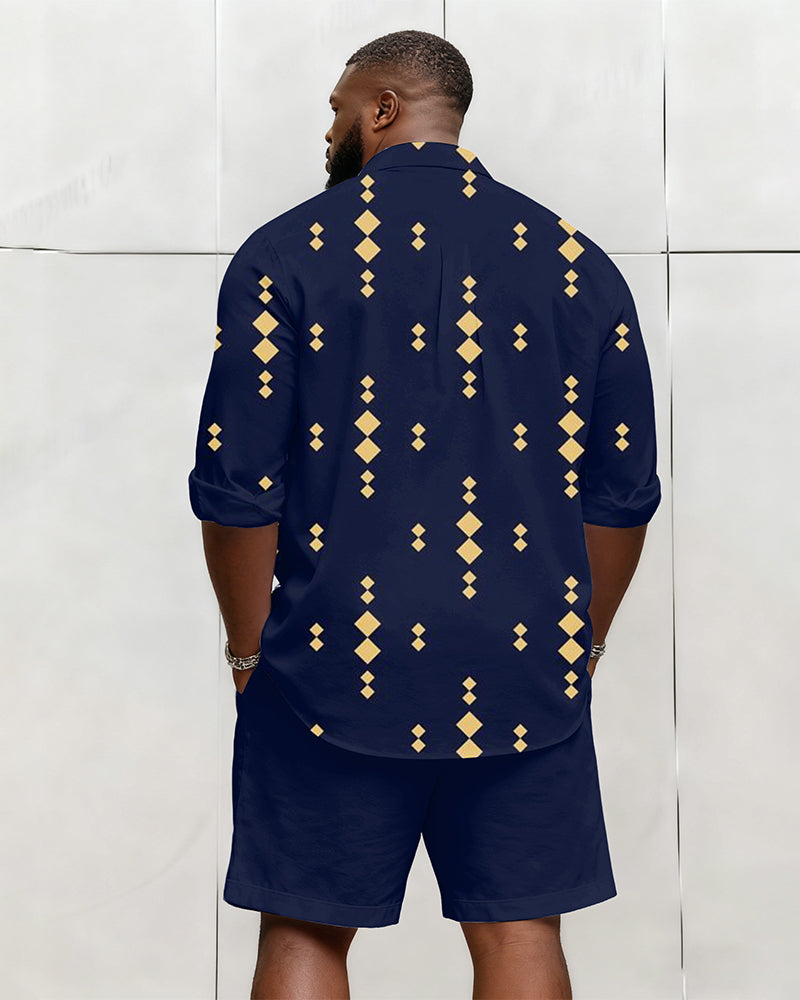 Big & Tall Men's Business Blue Geometric Print Long Sleeve Shirt Shorts Set