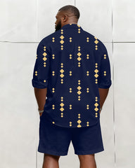 Big & Tall Men's Business Blue Geometric Print Long Sleeve Shirt Shorts Set