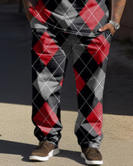 Big & Tall Men's Black And Red Classic Diamond Print T-Shirt Pants Set