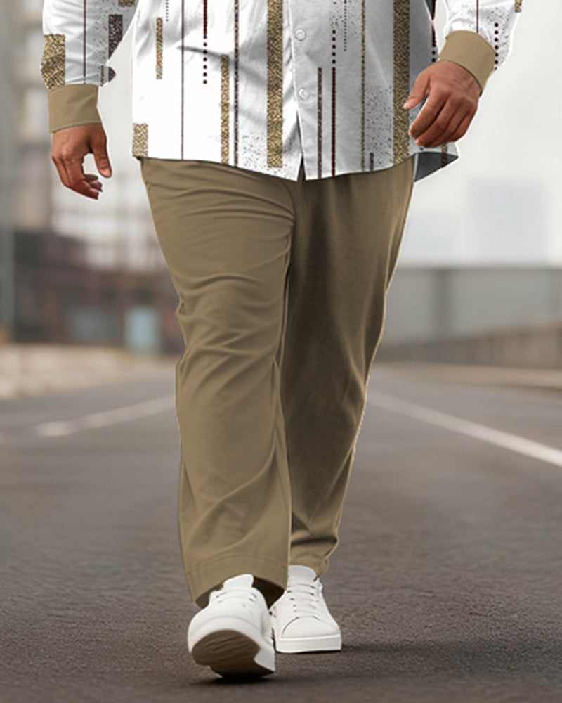 Big & Tall Men's Business Brown Striped Print Long Sleeve Shirt Pants Set