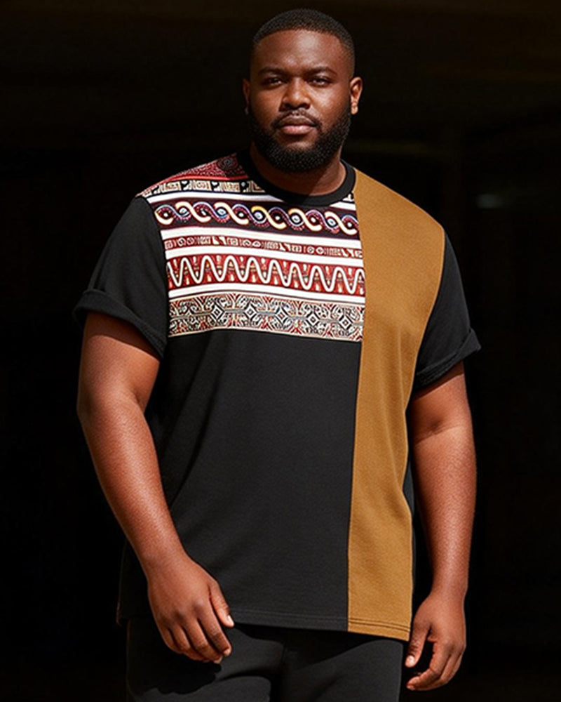 Big & Tall Men's African Totem Patchwork Printed T-Shirt Pants Set