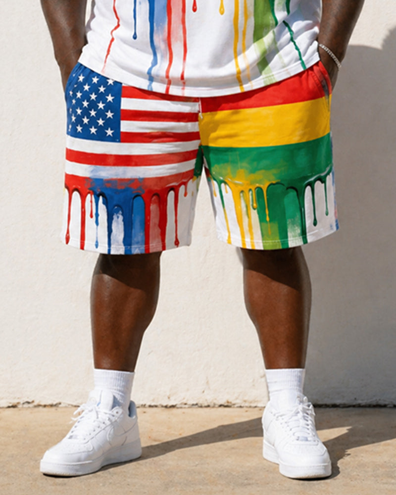 Big & Tall Men's Reggae Color Drip American Flag Printed Round Neck Short Sleeve T-Shirt Shorts Set