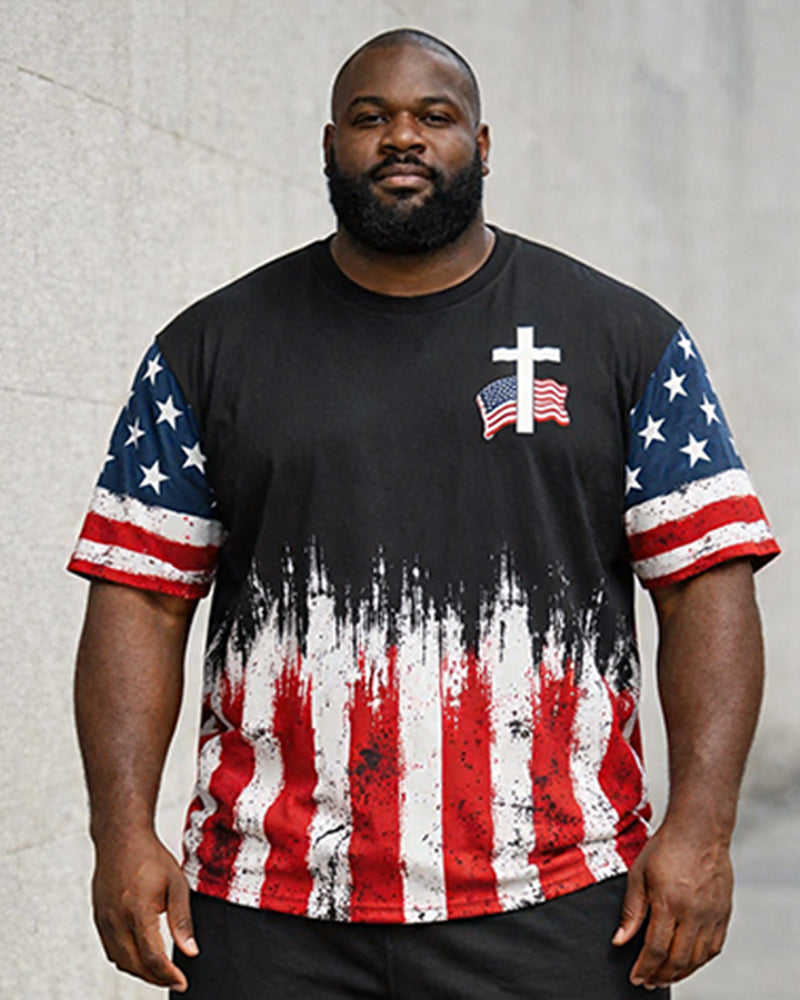 Big & Tall Men's American Flag Cross Splash Ink Printed Round Neck Short Sleeve T-Shirt Shorts Set