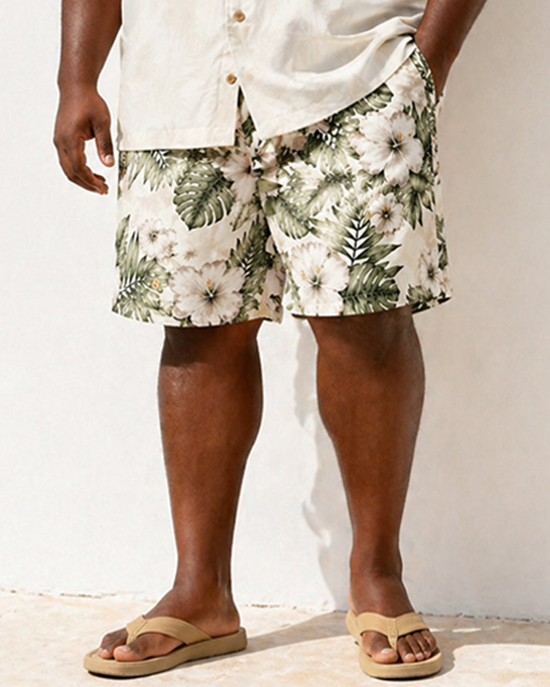 Big & Tall Men's Tropical Hibiscus Palm Leaf Print Short-Sleeve Shirt And Shorts Set