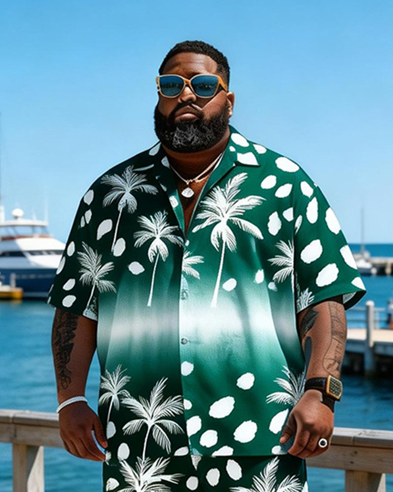 Big & Tall Men's Blue And White Splash Ink Coconut Printed Short Sleeve Shirt Shorts Set